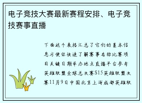 电子竞技大赛最新赛程安排、电子竞技赛事直播